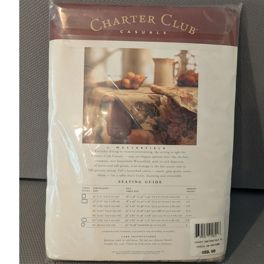 New VTG Charter Club Westerfield Floral Tablecloth 60x102 Oblong Cotton 1997